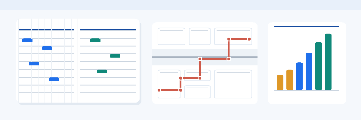 Illustration: an open ledger with ruled rows over a parcel map joined by a route line, beside a rising bar chart