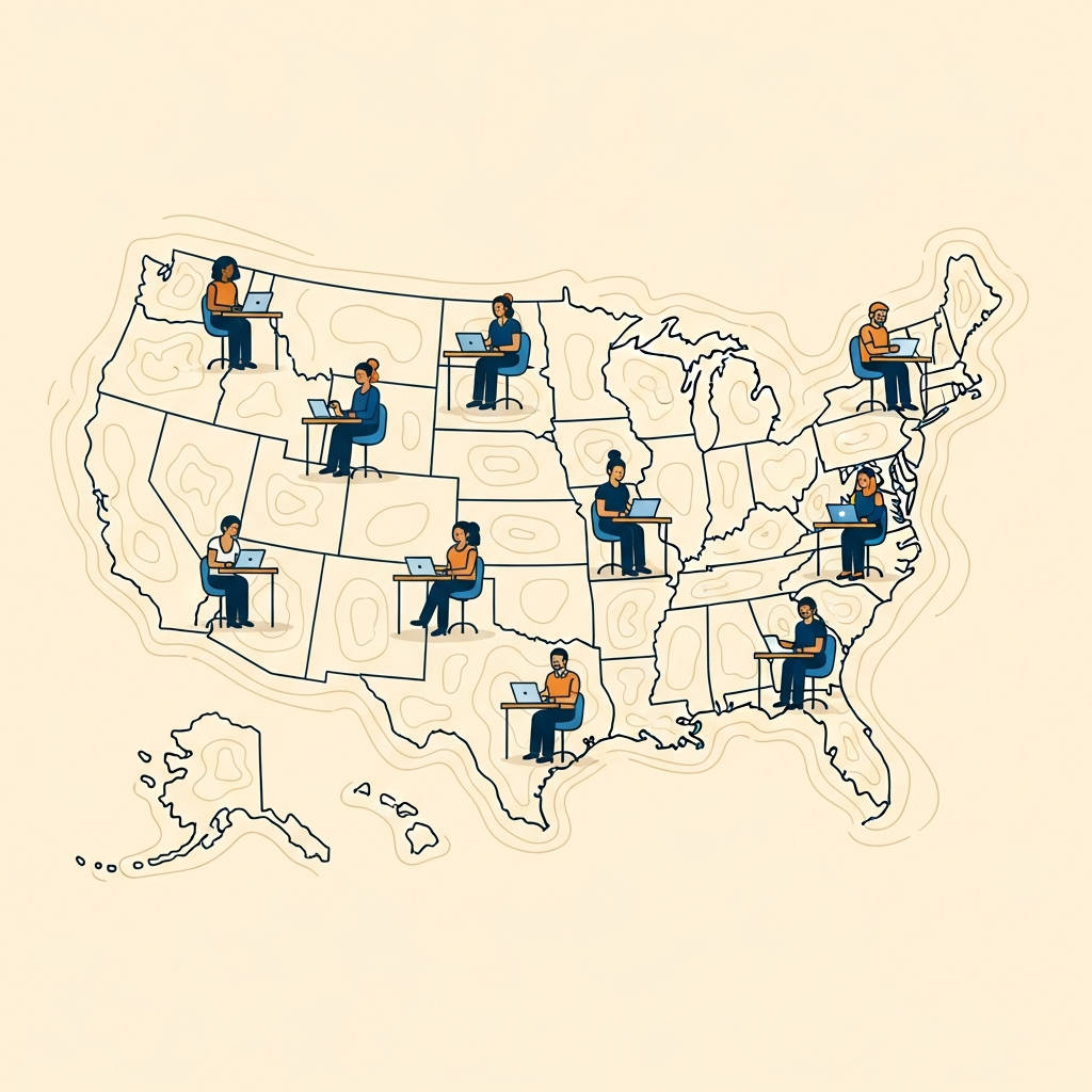 A map of the United States with workspaces in different cities