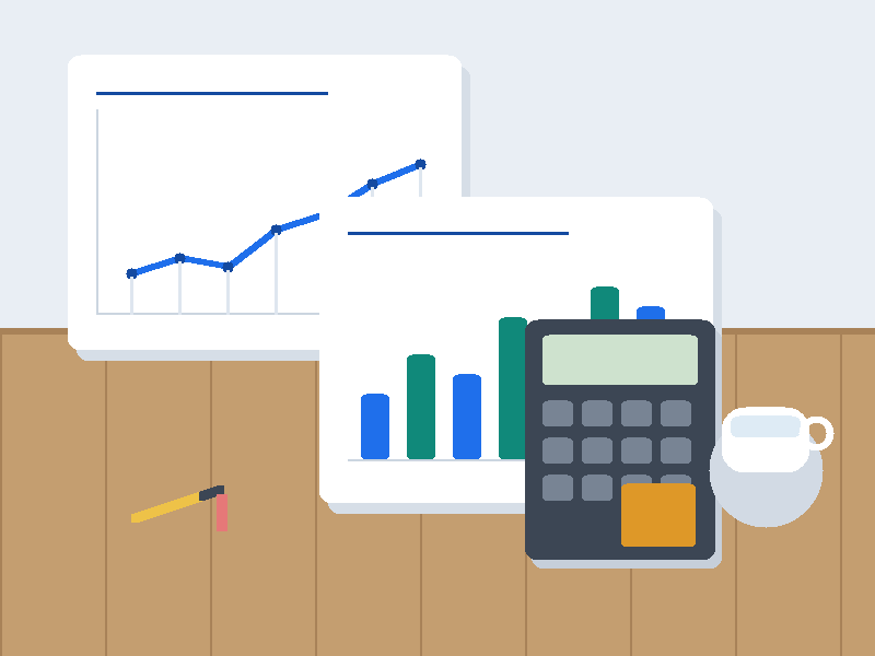 Illustration: two printed reports with a line chart and a bar chart on a desk, with a calculator, a pencil and a cup